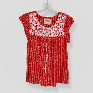 Savanna Jane Size Small Red Boho Festival Floral Embroidered Short Sleeve Casual